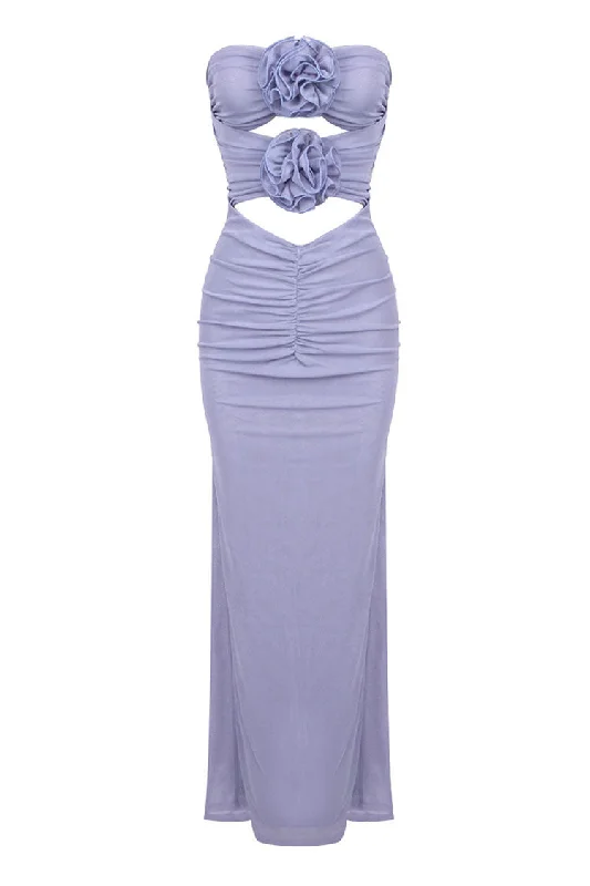 Floral DressGlamorous Rosette Strapless Cutout Gathered Mesh Evening Maxi Dress