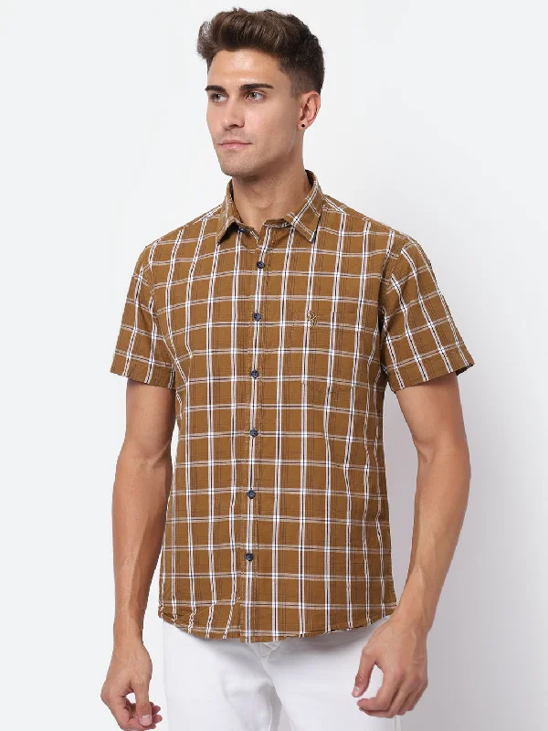 Breathable Men's Athletic ShortsMen's Brown Casual Medium Checks Half Sleeve Shirt