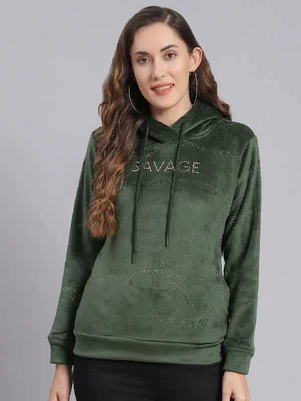 Women Olive Printed Hooded Full Sleeve Sweatshirts