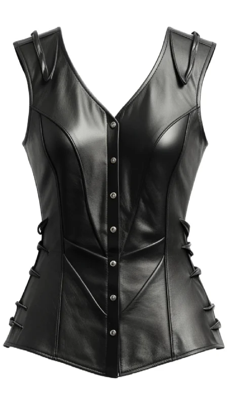 Women Vintage Black Leather Vest