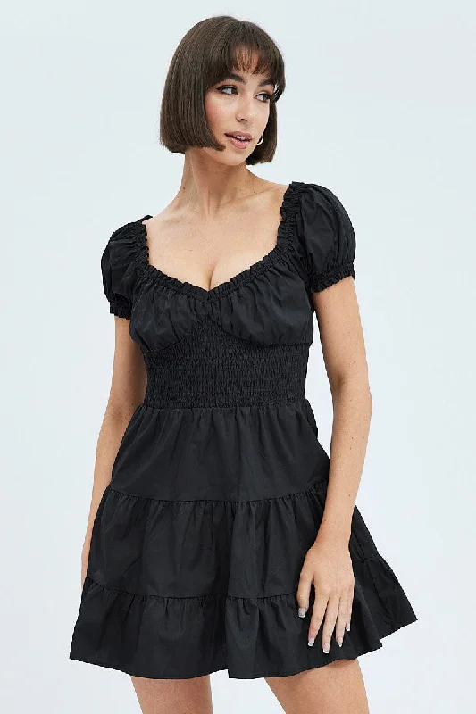 Organza DressBlack Fit and Flare Dress Short Sleeve Shirred