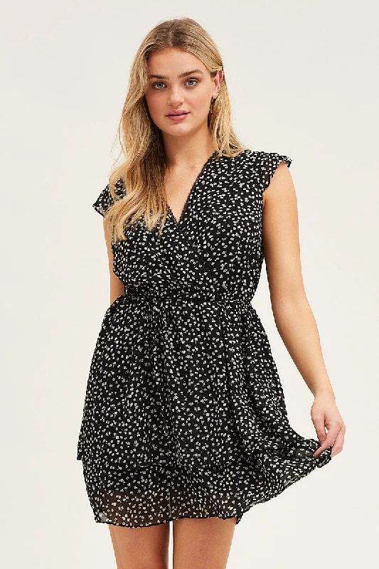 women's easy-to-wear dressesDitsy Print Flutter Wrap Look Tie Waist Layered Dress