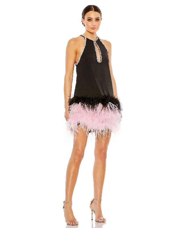 women's affordable dressesMac Duggal 11437 Short Feather Skirt Cocktail Dress