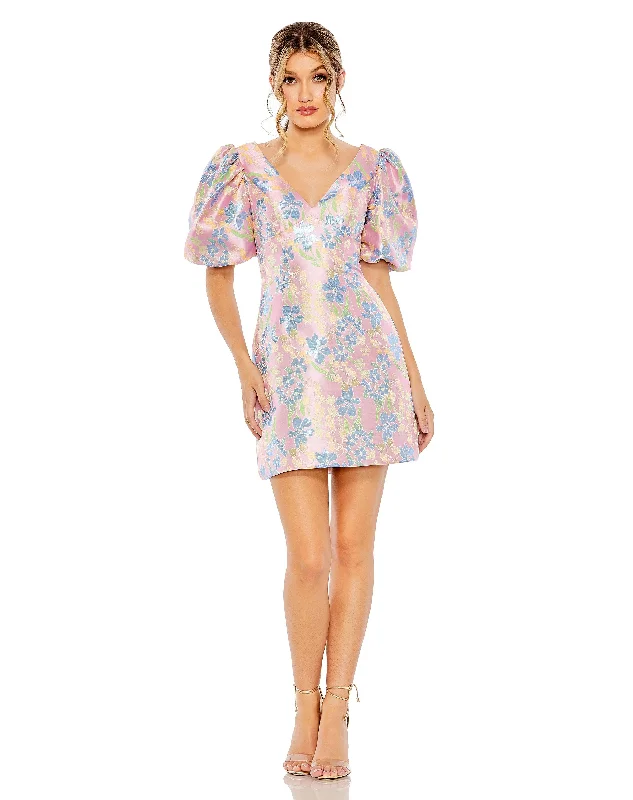 women's one-shoulder dressesMac Duggal 49622 Short Sleeve Floral Print  Cocktail Dress