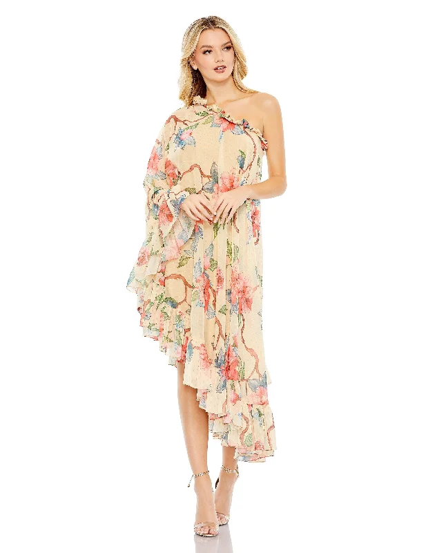 Bow-Tie DressMac Duggal 55830 High Low One Shoulder Floral Print Dress