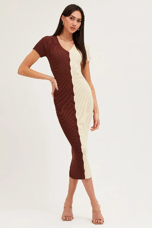 women's prom dressesMulti Colorblock Button Front Knit Dress