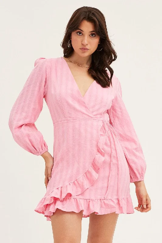 women's work dressesPink Tie Waist Wrap Dress