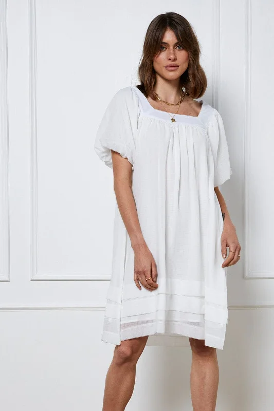 women's bell-sleeved dressesWhite A Line Dress Short Sleeve Round Neck